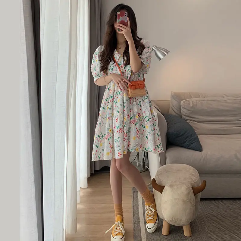 Dresses Women Summer Kawaii Japanese Style Floral Empire Turn-down Collar Female Sweet College Folds All-match Casual Loose Chic bodycon dress Dresses