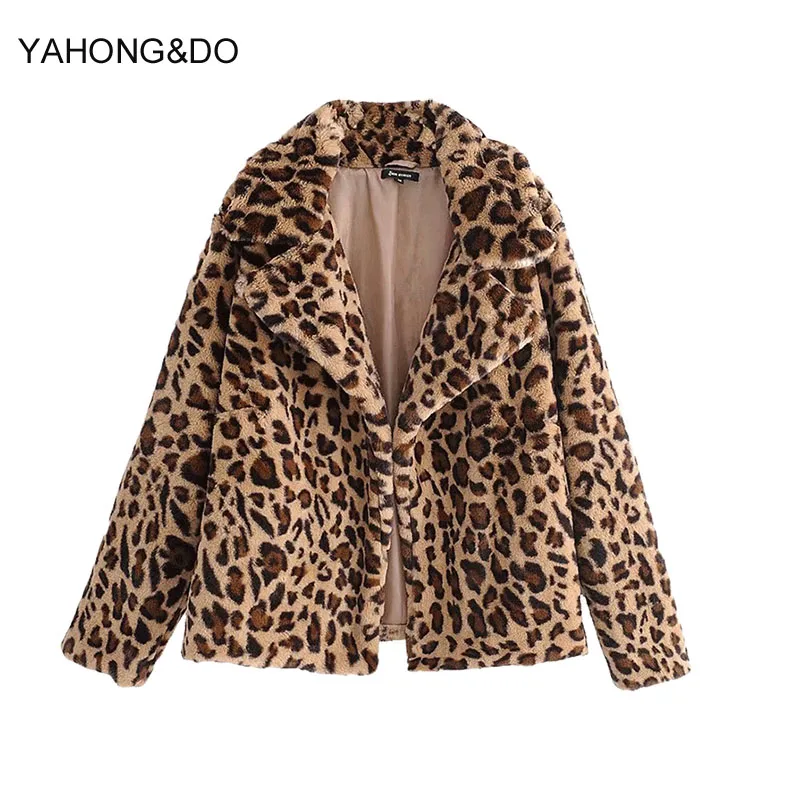 

2019 Faux Fur Coat Women Warm Outwear turn-down collar leopard printed sexy thick wonter coat femme Loose Cardigans