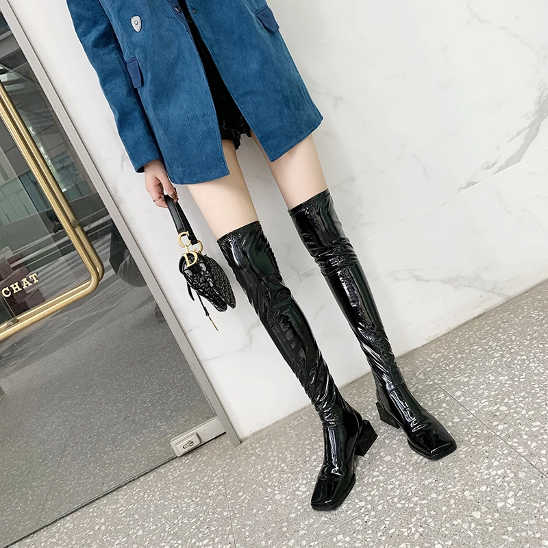 Genuine leather Women thick high heels over the knee high Boots square toe casual motorcycle Shoes lace up Woman boots