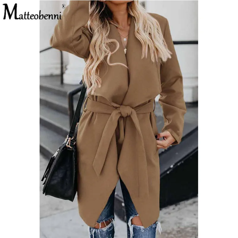 

Fashion Fall Women Winter Solid Color Long Sleeve Lapel Slim-Type Midi Trench Coat Casual Simple With Belt Long Sleeve Coat