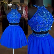 Реальные фотографии, платье с бретелькой через шею, стразы из бисера, два предмета, платья для выпускного вечера, сексуальное ТРАПЕЦИЕВИДНОЕ ПЛАТЬЕ с открытой спиной из тюля, короткие платья для выпускного вечера