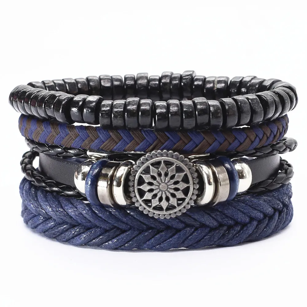 New 4 Pcs/set Guitar Cross Leaf Charm Weave Leather Men Bracelets For Women Homme Femme Male Jewelry free shipping