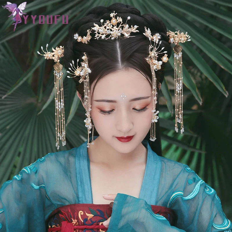 

9-Piece Set Gold Hair Combs Wedding Hair Accessories Traditional Chinese Hairpin Headdress Head Jewelry Bridal Headpiece Pin