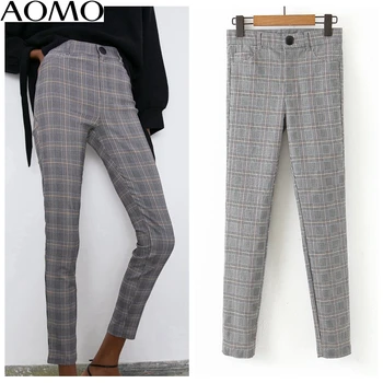 

AOMO 2020 fashion women plaid slim suit pants trousers pockets buttons office lady vintage strethy pants pantalon HY55A