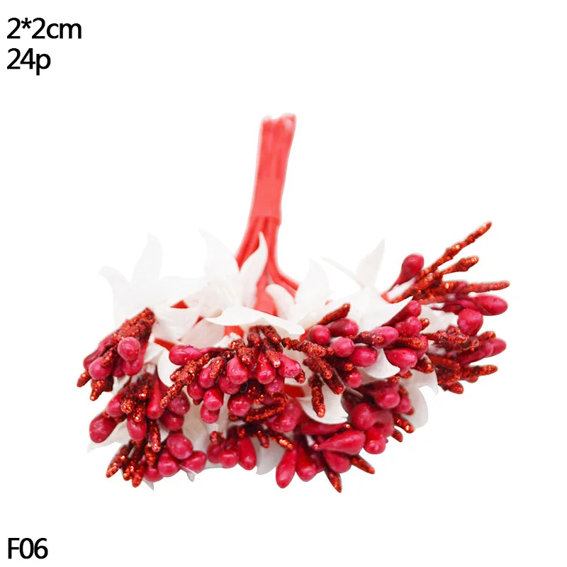 R06-24pcs red Золотой мини пластиковый искусственный цветок, тычинки, ягоды вишни, сделай сам, Рождественский свадебный венок, ремесло, искусственный цветок, украшение для дома - Цвет: R06-24pcs red