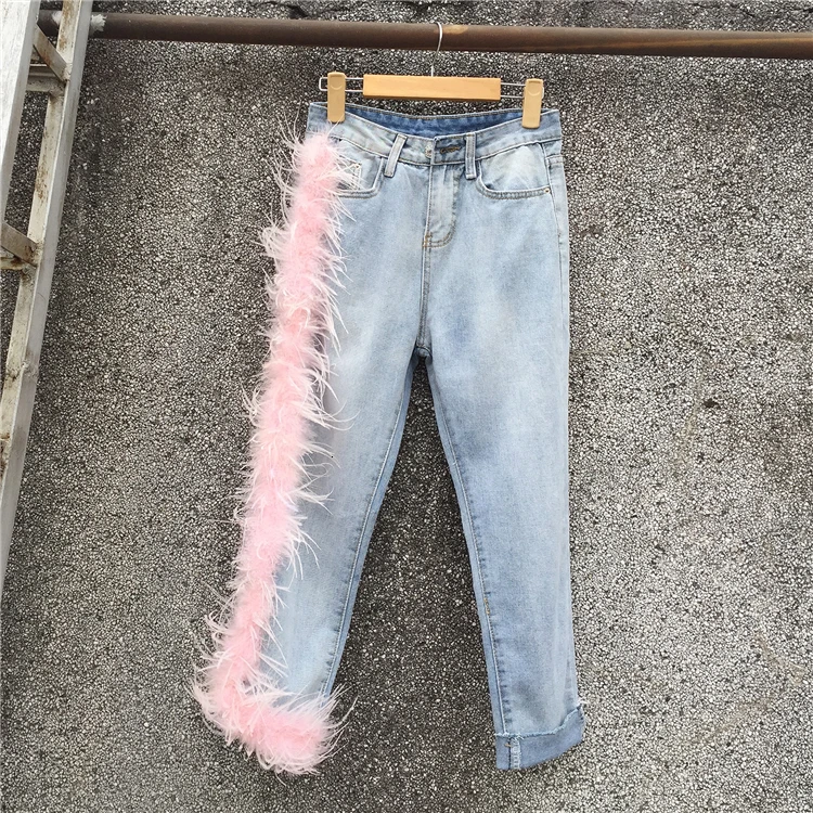 LANMREM новые модные женские джинсы с высокой талией, с кисточками, с мехом, в стиле пэчворк, с потертостями, женские брюки WH61705L high Street