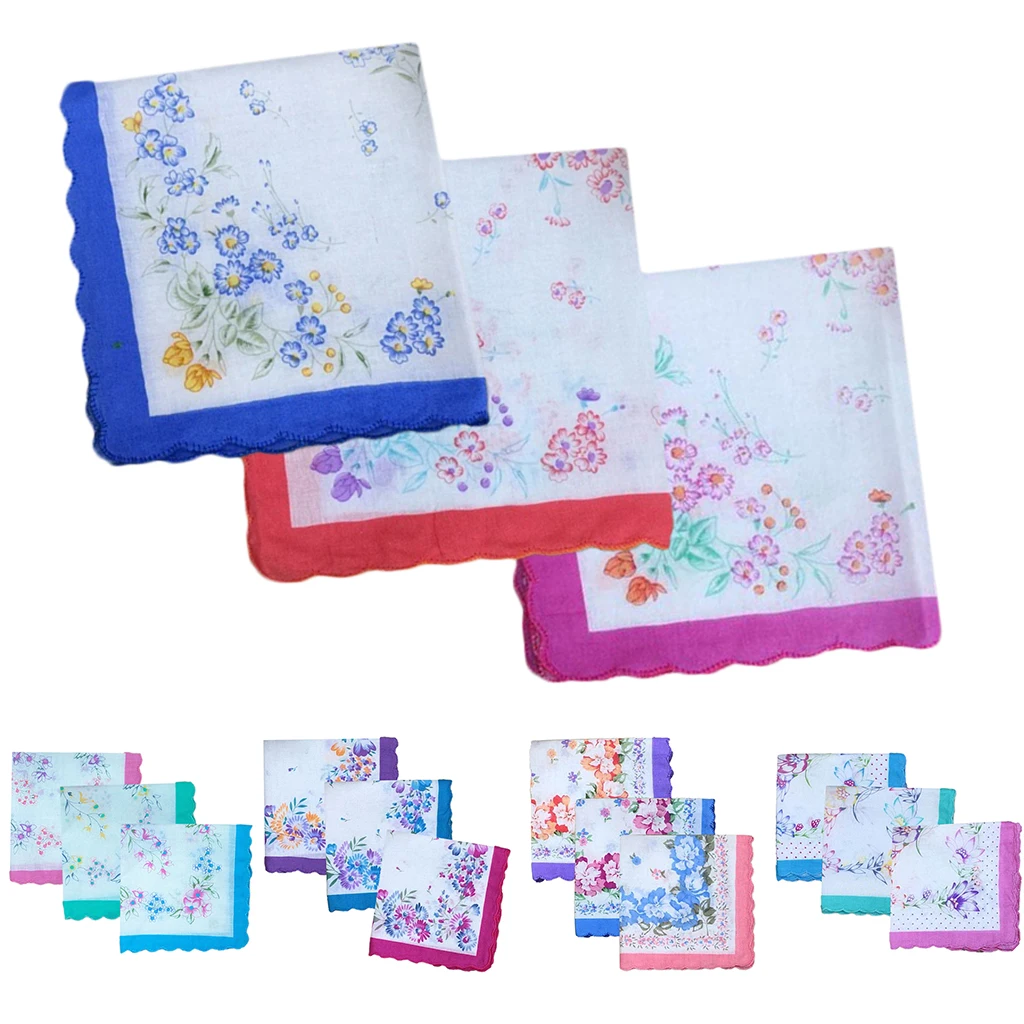 12X Womens Beauty Floral Printed Handkerchief Wendding Party Cotton Blend Hanky