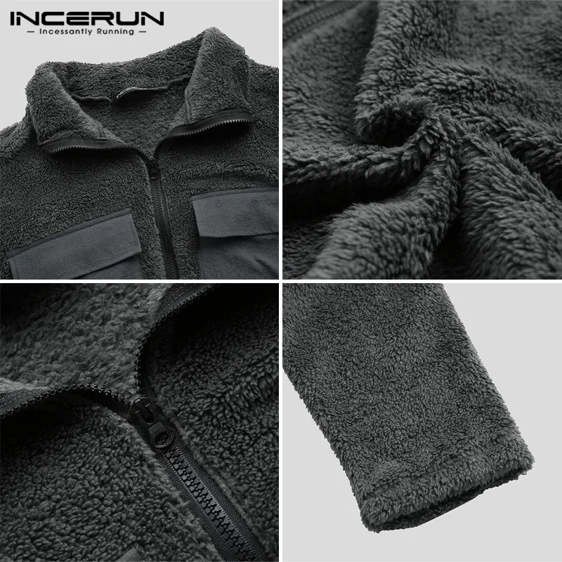 INCERUN Fashion Men Jackets Fleece Long Sleeve Zipper Pockets Streetwear Casual Outerwear Fluffy Coats Men Jackets Winter 7