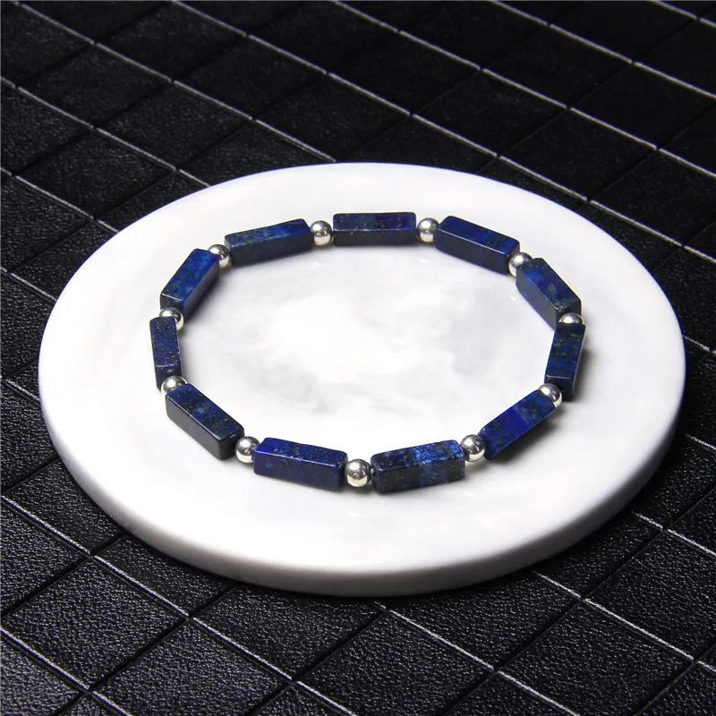 Charm Bracelet Beaded Bracelet Fashion Square Tube Stone Beads Natural lapis lazuli Beaded Silver Color Round Ball Charm Jewelry Women Men
