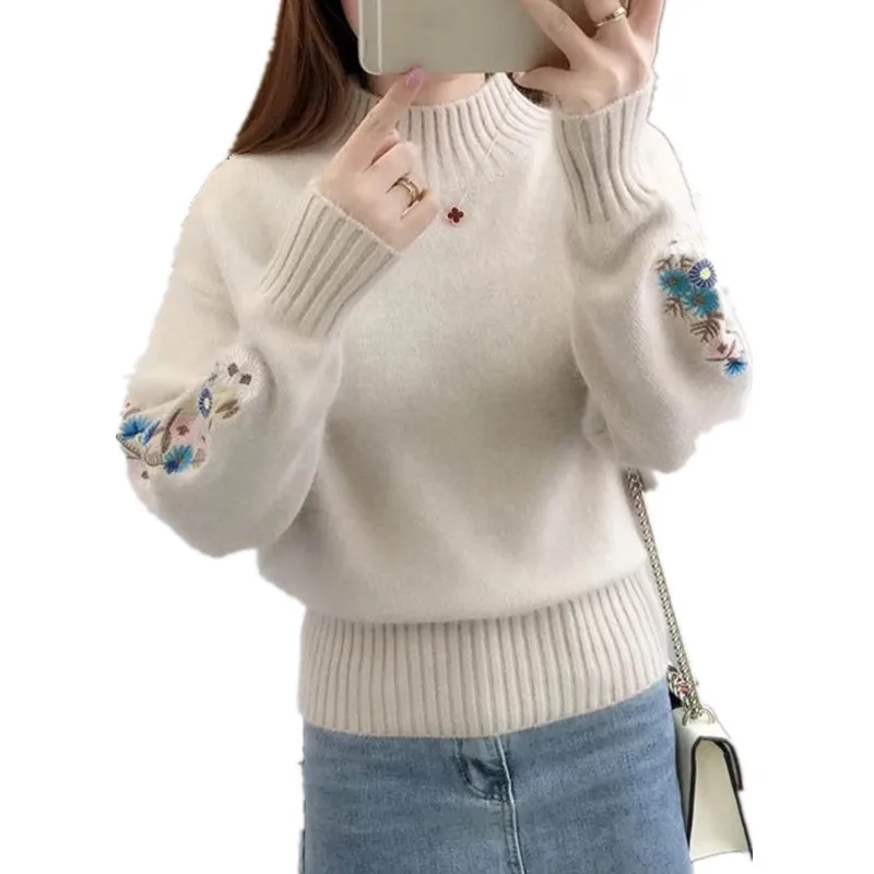 

Half High Female Collar Sweater Thickened Women Autumn Lady Embroidered Flower Bottomed Long Sleeve Sweater Clothes P3 001