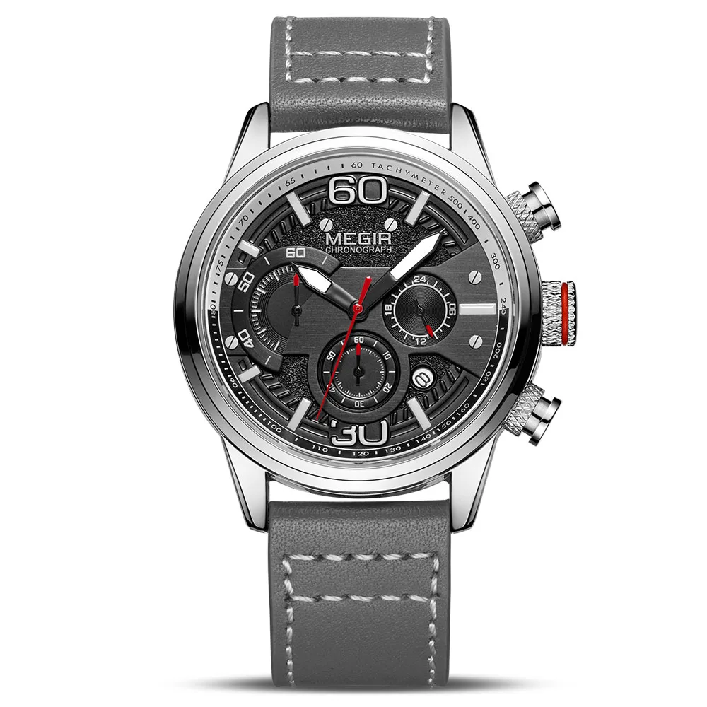 MEGIR, новые модные мужские часы с кожаным ремешком, Топ бренд, роскошные спортивные кварцевые часы с хронографом, мужские часы - Цвет: Grey
