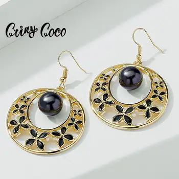 

Cring Coco Pearl Dangle Earrings Fashion Gold Color Circle Jewelry Big Hollow out Drop Earings Earring 2020 Jewelry for Women