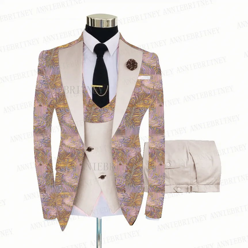 Pink Floral Printed Men Wedding Suits 3 Pieces Slim Fit Groom Shiny Jacket Prom Suit Male Double Breasted Blazer Sets