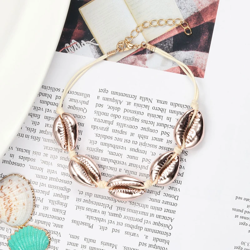 

Rose gold Cowrie Shell Hand Knit Bracelets Women Delicate Rope Chain Natural Bracelet Summer Boho Charm Jewelry Friendship Gifts