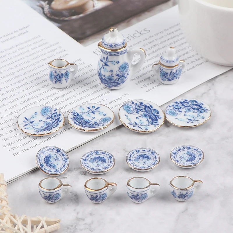 

15Pcs 1:12 Dollhouse Miniature Tableware Porcelain Ceramic Tea Cup Set