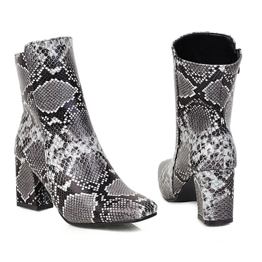Осенне-зимняя обувь; женские ботинки со строчкой и змеиным принтом; зимние ботинки на массивном каблуке; Zapatos De Mujer; chaussures femme; обувь