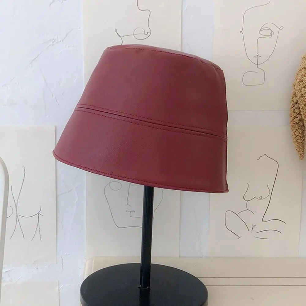 Wine PU Leather Winter Bucket Hat For Women Girl Fashion Solid Soft Keep Warm Fishing Cap Outdoor Vacation Hat Cap Lady Panama - Цвет: Wine