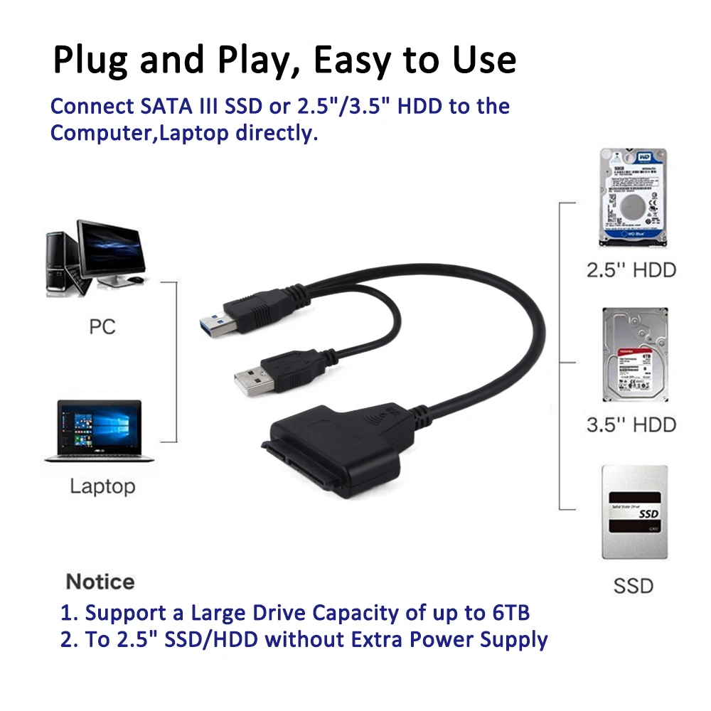 USB 3.0 to SATA III Converter Cable for 3.5/2.5 Inch HDD/SSD - UASP Compatible Hard Drive Adapter Description Image.This Product Can Be Found With The Tag Names Computer Cables Connecting, Computer Peripherals, PC Hardware Cables Adapters, Sata adapter