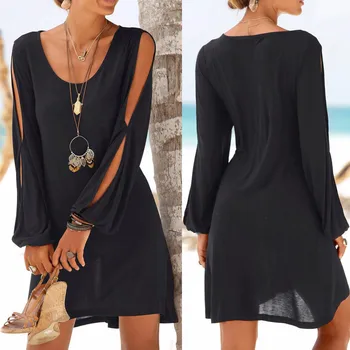 

Summer Dress Women Fashion Women Casual O-Neck Hollow Out Sleeve Straight Dress Solid Beach Style Mini Dress Women 2019#sss