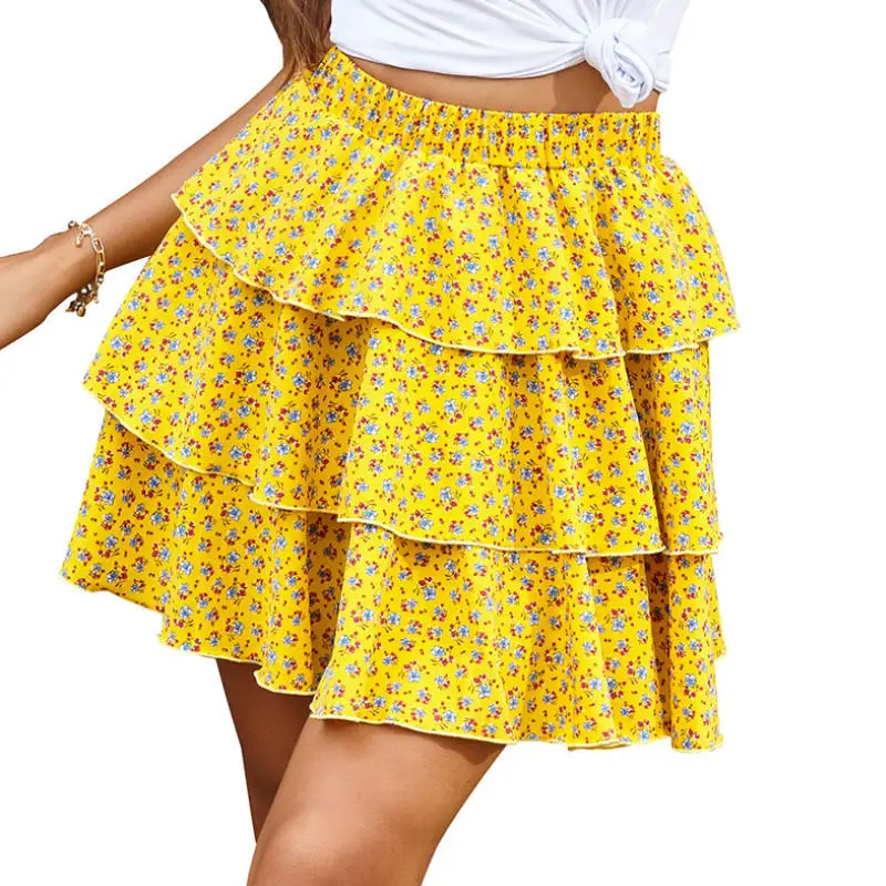 

Women Boho Mini Shirts Summer Printed Elastic High Waist Layer Skirt