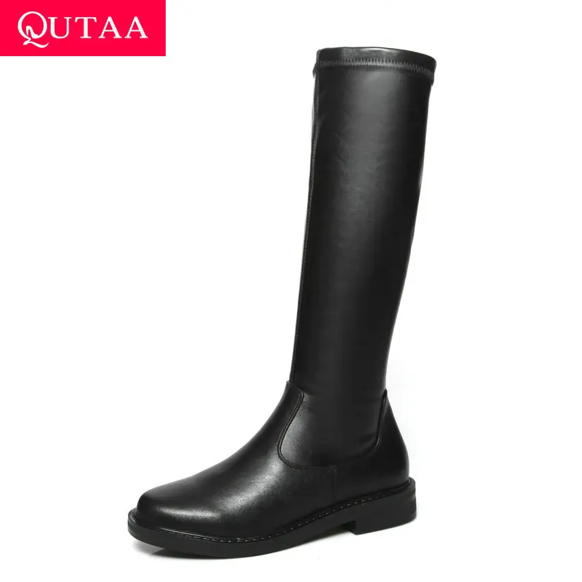 

QUTAA 2020 Square Heel Autumn Winter Fashion Boots Round Toe Slip on Women Shoes Cow Leather Concise Knee High Boots Size 34-42
