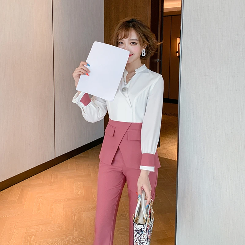 Awarose-Conjunto de ropa elegante de oficina para mujer, blusa de retazos, pantalones largos de dos piezas, color rojo y blanco, 2021