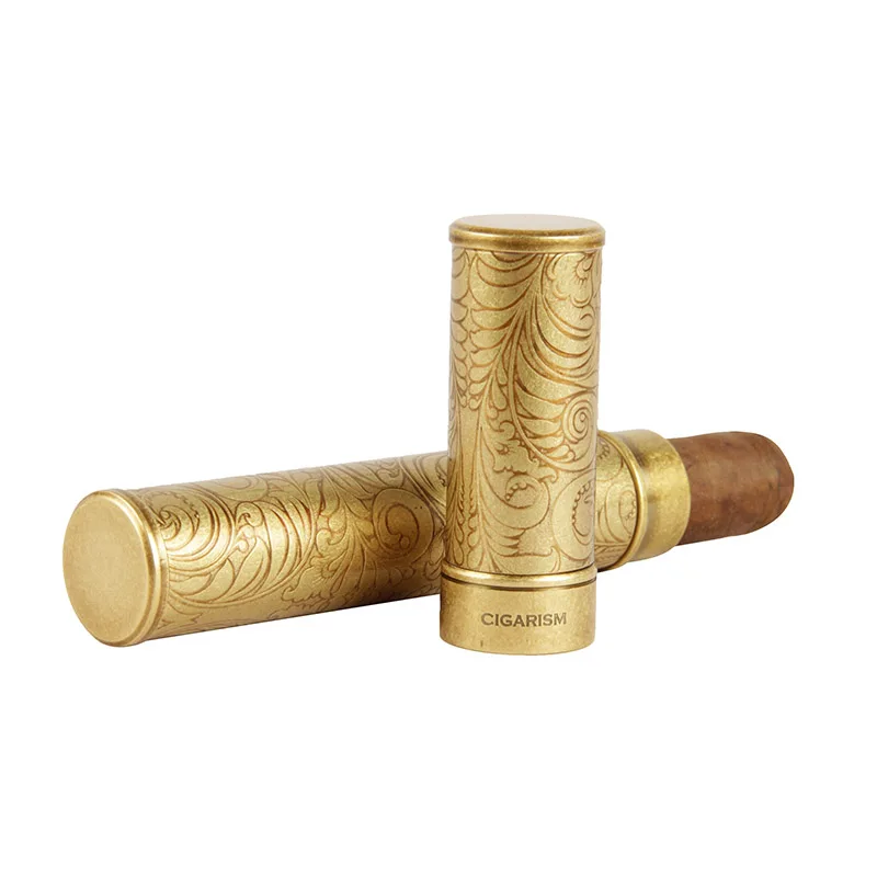 CIGARISM Vintage Copper Flower Carving Cigar Moisturizing Tube Travel Case