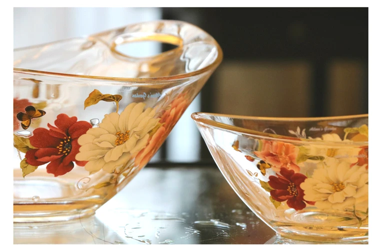Peony pattern transparent thickened glass deep dish with handle soup bowl salad bowl Heat-resistant