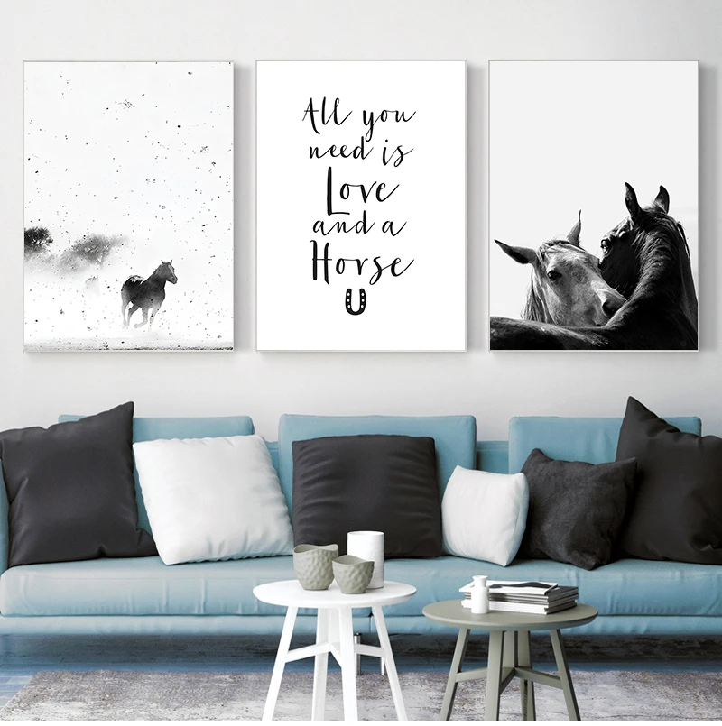 Рисунок и плакат на холсте с изображением лошади черно-белая Скандинавская