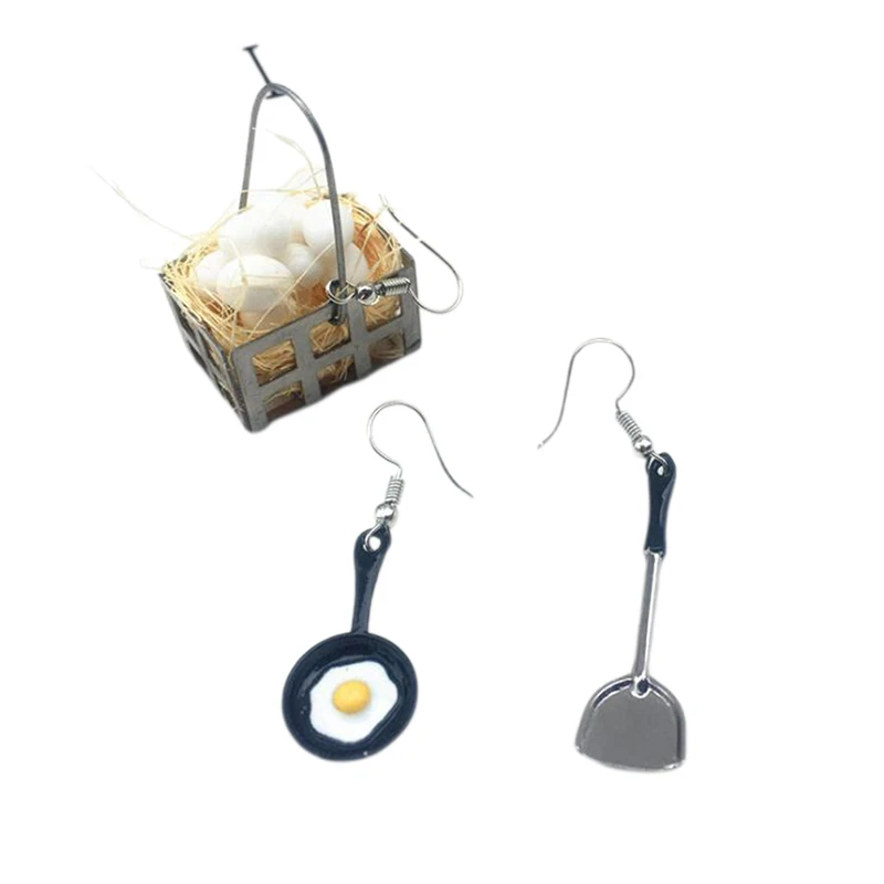 1 Pair Funny Asymmetric Shovel Pan Fried Egg Drop Earrings Women