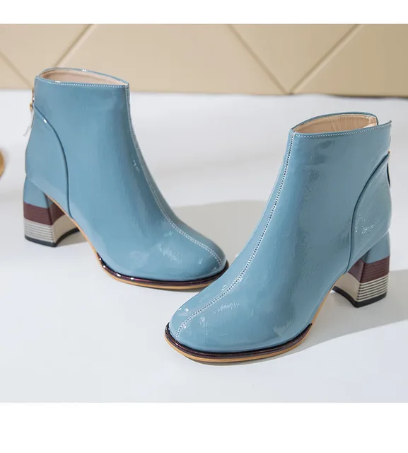 Botines de piel sintética con punta redonda para mujer, Botas Azules de  tacón cuadrado grueso, de charol, para Otoño e Invierno|Botas hasta el  tobillo| - AliExpress