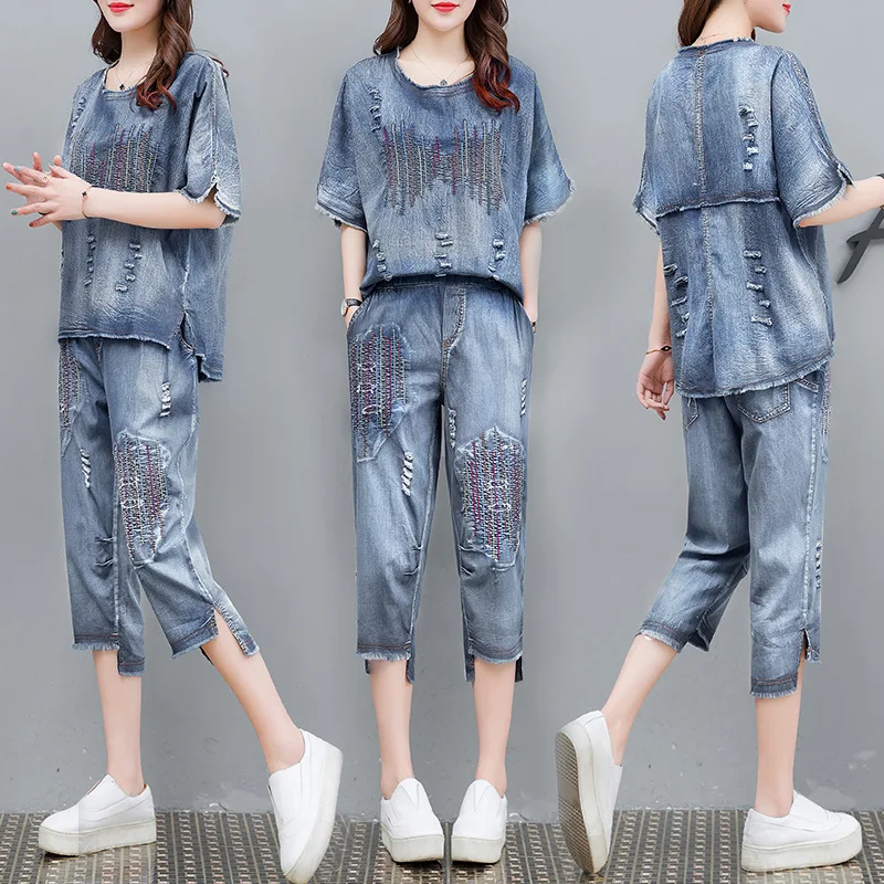 

Jeans Loose 2 Piece Set Tracksuit Women Summer Suit Fashion Denim Embroidery Top + Capri Pants Suit Female Casual Co-ord Sets