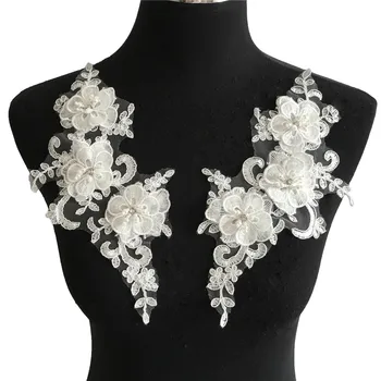 

New arrive White 3D flower Embroidery Applique Lace Fabric Venise Sewing DIY Trim ABS pearl Lace Collar for Dresses Accessories