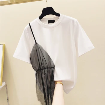

Mesh Stitching T Shirts Women Wild Fashion Short-Sleeved Cotton T-shirt Female 2020 Summer New Korean-Style Tops Women Clothing