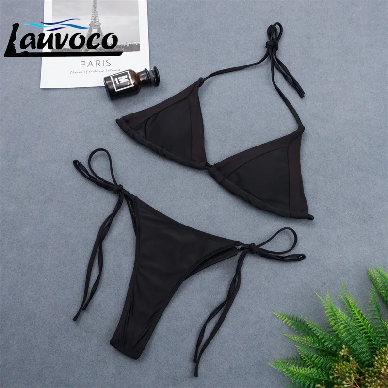 

Bikini Set New Solid Black String Bikini Swimsuit Female Swimwear Brazilian Bikinis Two Piece Girls Sexy Bathing Suit Biquini