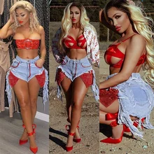 

Summer Women High Waist Denim Shorts Sequins Patchwork Jeans Shorts New All-Match Tassel Washed Streetwear Sexy Night Club Party