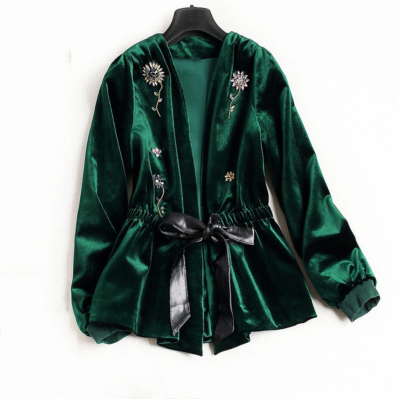Винтажные вельветовые куртки, новинка, Осень-зима, модная Высококачественная Женская куртка с v-образным вырезом, с бисером, с поясом, с бриллиантами, черная/зеленая, открытая куртка