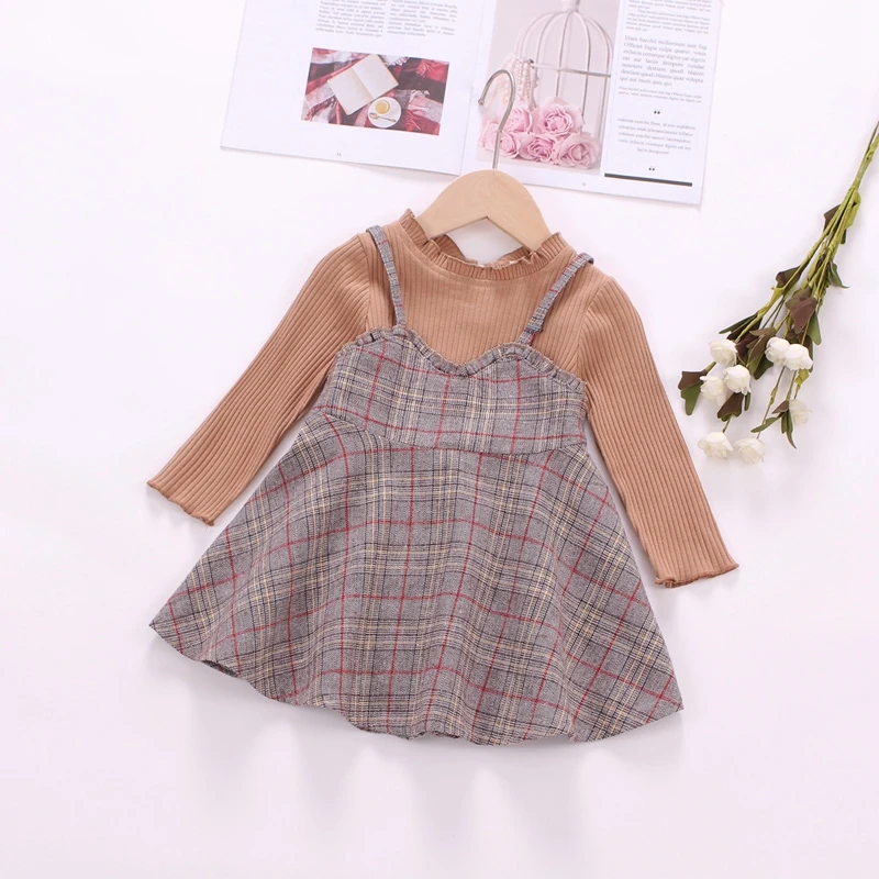 

DAILOU 1-3 Years Girls Brown Lattice Dress 2020 Spring two piece set Clothing Kids Baby Dresses Children Clothes