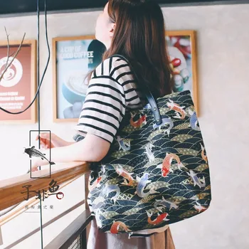 

Japanese Style Black Fish Print Single-Shoulder Canvas Bag Padded Cotton and Linen Belt Bag Women's Artistic Large Zipper Bag