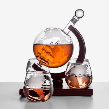 

Wooden Sailing Glass Bottle Whiskey Decanter Set Vodka Globe Decanter With 4 Glasses Liquor Dispenser With Wood Stand