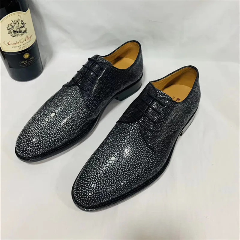 US $518.49 Fancy Designer Authentic Skate Stingray Sand Skin Businessmen Dress Shoes Genuine Cow Leather Insole Male Laceup Oxfords Shoes