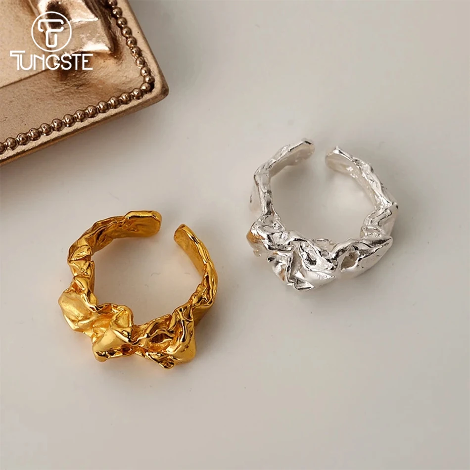 Rock Punk Minimalist Geometric Irregular Folds Texture Adjustable Open Finger Rings For Women Fine S925 Silver | Украшения и