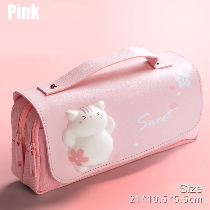 Cute Cat Decompression Pencil Case Big Pencil Box Portable Girls Pen Bag Double Layer School Pouch Kawaii Stationery Pensil Case