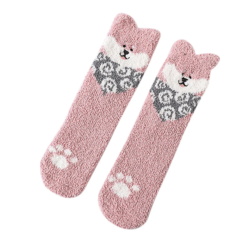 Winter Women Socks Cartoon Puppy Coral Fleece Floor Socks Lovely Thickening Cotton Middle Socks Keep Warm Socks Christmas Gifts - Цвет: Pink