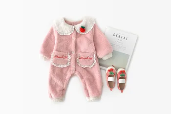 

2019 romper winter cotton long sleeve thick Flannel turn-down collar infant jumpsuits cute pink solid romper