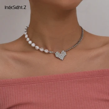 

IngeSight.Z Punk Imitation Pearl Choker Necklace Collar Luxury Shiny Rhinestone Crystal Love Heart Pendant Necklace Jewelry Gift