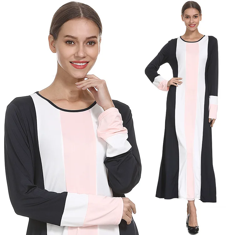 

231 #2019 Europe And America Spring And Autumn New Style Dress Crew Neck Contrast Color Slim Fit Long Skirts Formal Dress Robe