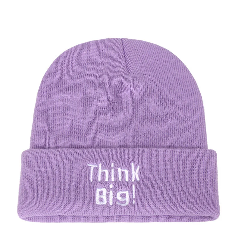Мужская и женская вязаная шапка с надписью Think Big Embroidered, осенняя и зимняя теплая Женская кепка с манжетами, мужская повседневная Кепка Skully