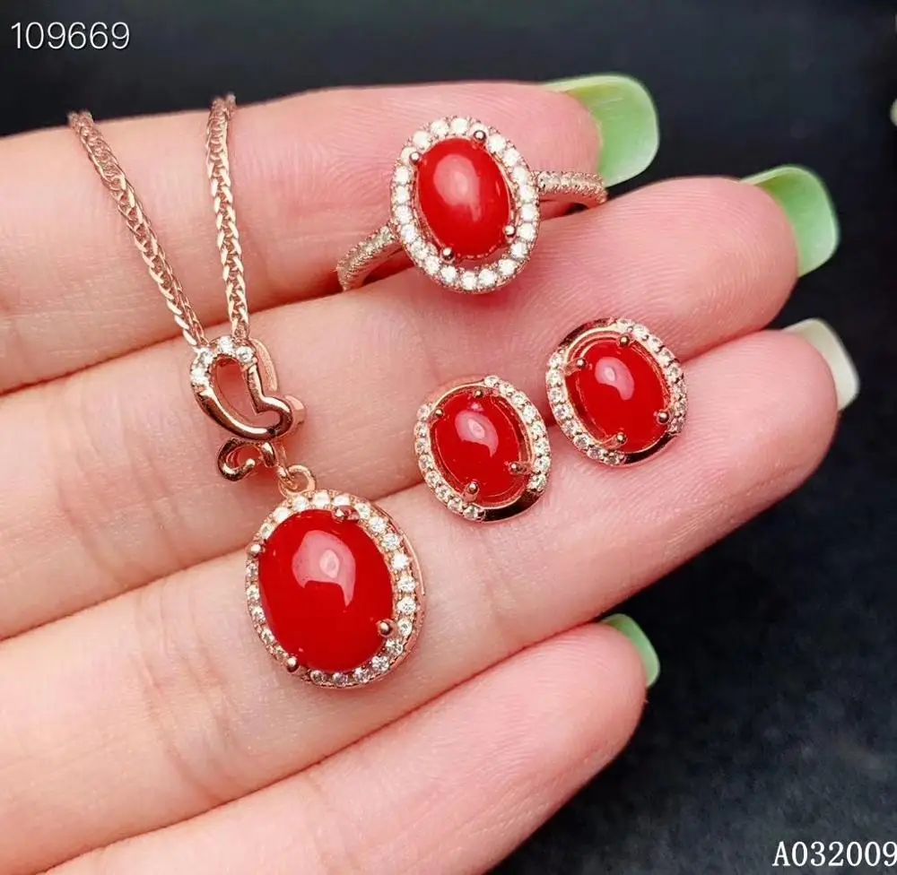

KJJEAXCMY fine jewelry 925 sterling silver inlaid natural red coral earrings ring pendant luxury girl suit support test