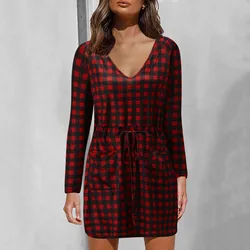 Jaycosin manga longa com decote em v primavera verão bodycon vestido casual vestido de verão moda impressão bolsos cordão elegante vestido curto